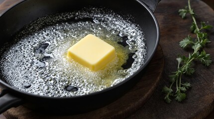 A cube of butter melting in a hot pan surrounded by bubbles, with fresh parsley on a wooden surface. Concept of cooking ingredients. Ai generative