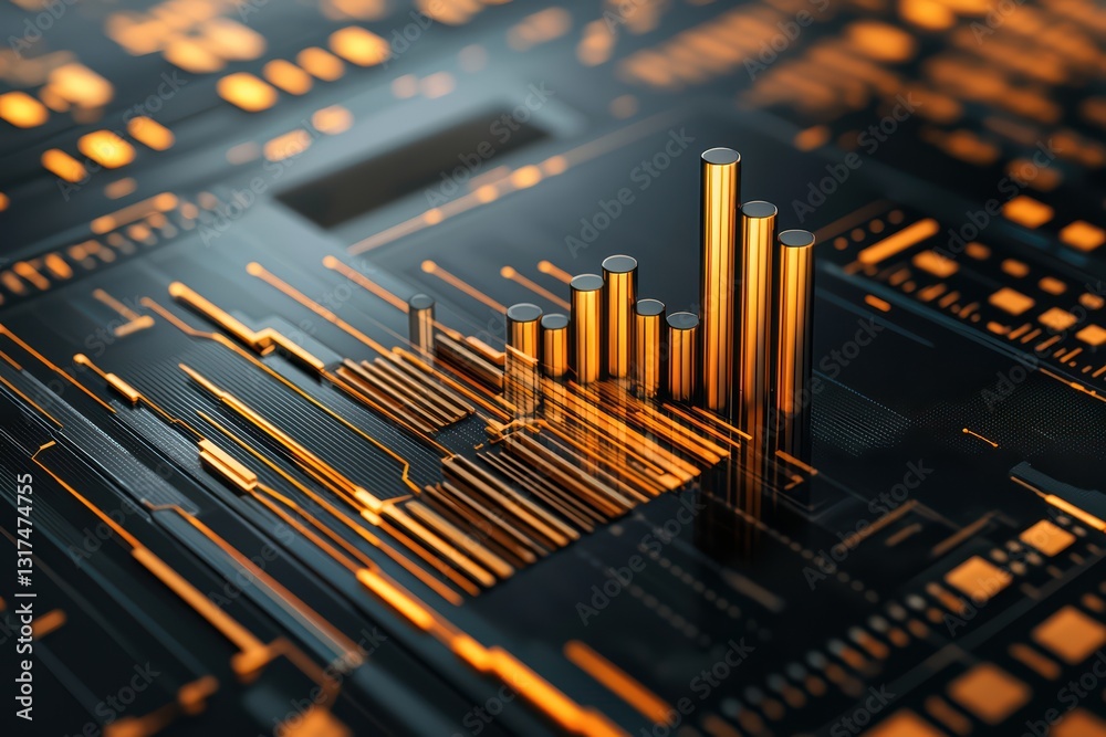 Poster digital 3d representation of growing financial metrics and data visualizations in technology