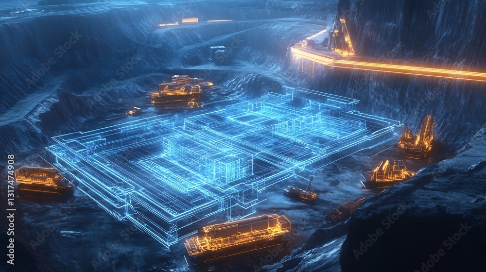 Poster infrastructure development shown glowing blueprint overlaying futuristic construction site