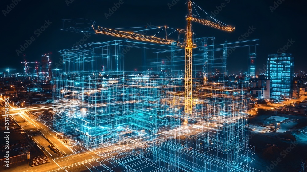 Poster infrastructure development shown glowing blueprint overlaying futuristic construction site