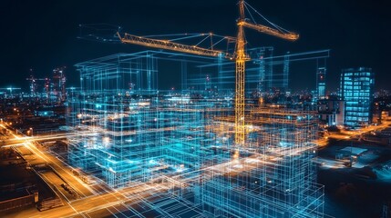 Infrastructure development shown glowing blueprint overlaying futuristic construction site