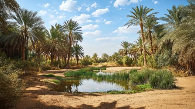 Oasis desert palm trees water tranquil landscape