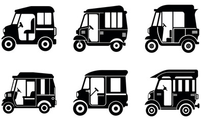 Set of Black Silhouette Asian Auto-Rickshaws