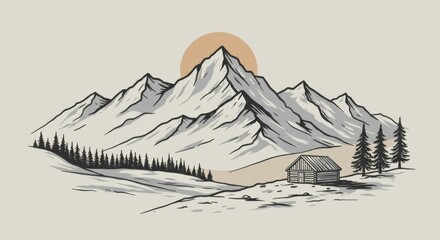 Stylized Mountain Range with Cabin