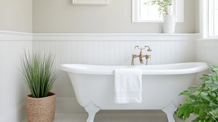 Fototapeta premium Serene Bathroom Interior: A bright and airy bathroom interior, featuring a vintage clawfoot bathtub adorned with a fresh white towel, evokes a sense of tranquility and relaxation.