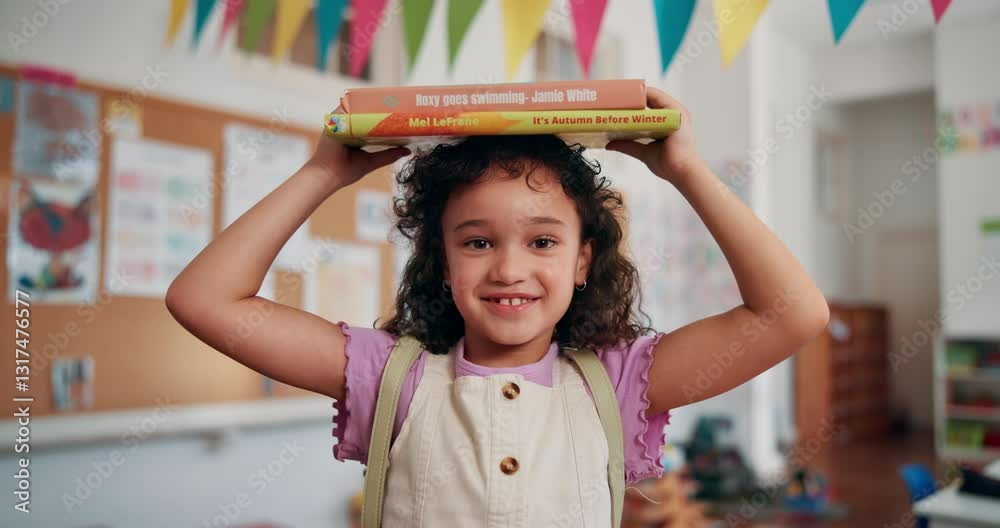 Poster face, learning and stack of books with child in school classroom for balance, development or growth.
