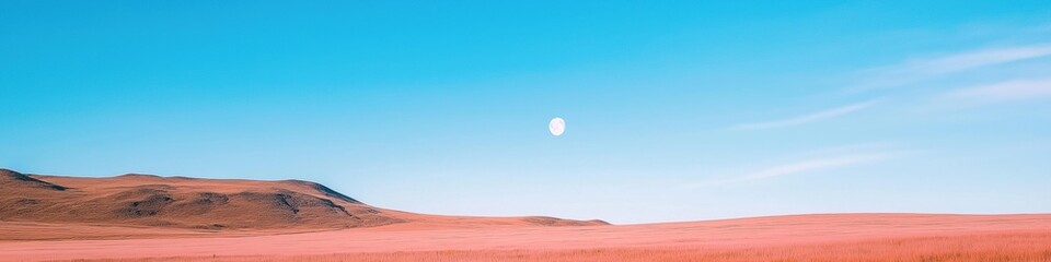 A large moon is in the sky above a desert landscape. The sky is clear and blue, and the moon is the only object visible in the image