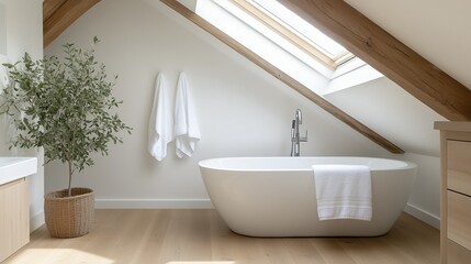 Serene Attic Bathroom: A bright, minimalist bathroom in an attic setting, featuring a modern bathtub beneath a skylight.