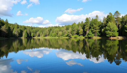 Scenic lake with reflections of green trees and blue sky