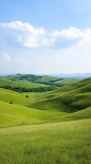 Fototapeta premium A beautiful, lush green field with a clear blue sky above. The sky is dotted with clouds, giving the scene a peaceful and serene atmosphere. The field is vast