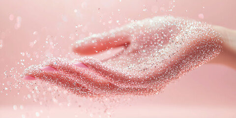 Fototapeta premium Close Up Of A Hand Catching Sparkling Glitter Against A Soft Pink Background