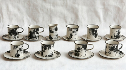 Stylish black and white ceramic coffee cups and saucers arranged on a white fabric background. Perfect for cafe, home or restaurant advertising