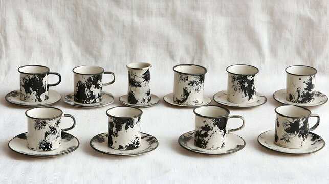 Stylish black and white ceramic coffee cups and saucers arranged on a white fabric background. Perfect for cafe, home or restaurant advertising