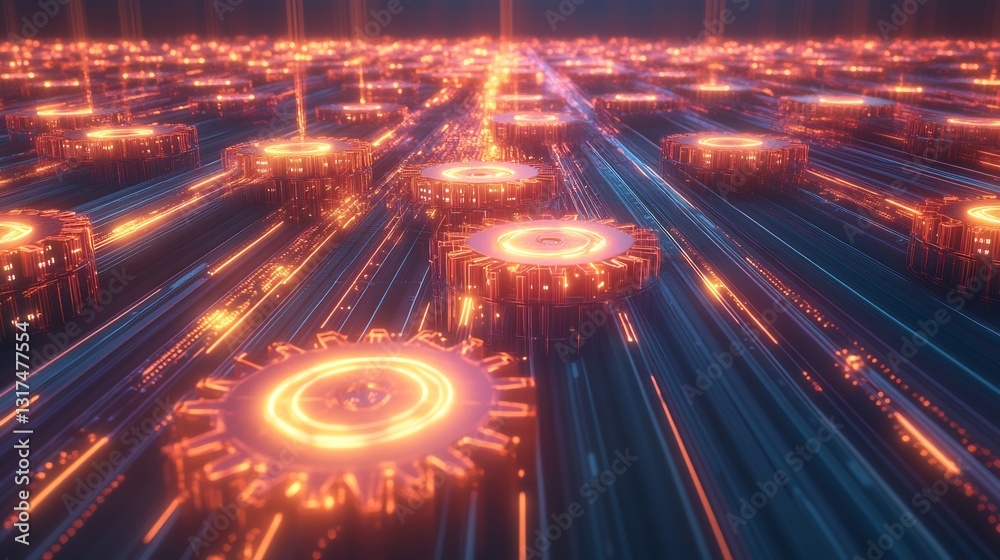 Poster Marketing automation system visualized glowing gears transferring data across radiant pathways