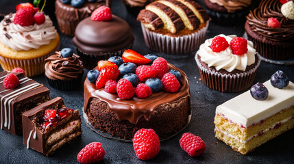 Cake shop set of cards vector illustration. Chocolate and fruity desserts for sweet shop with fresh and tasty cupcakes, cakes, pudding, whipped cream, glaze and sprinkles.