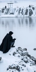 The image shows a person sitting on a rocky shore covered in snow. The person is wearing a black cloak and a black hat, and is holding a black object in their hands. They appear to be deep in thought,