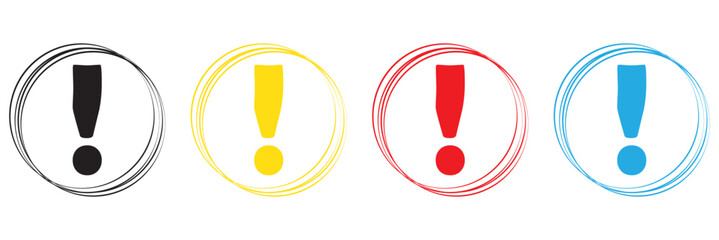 Hazard symbol in black and white color with exclamation symbol in different shapes stroke style. Caution symbols set with exclamation mark in various shapes. Danger warning icon set.