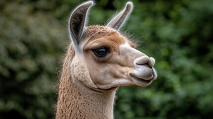 Obraz premium Llama portrait with tan and white fur against a blurred green background