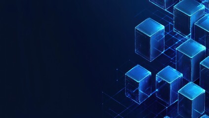 Abstract blue glowing cubes connected by lines on dark background.