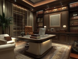 Luxurious and opulent home office with dark wooden furniture and decor