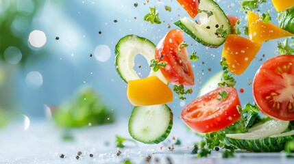 Fresh Colorful Vegetables Flying in Air with Bokeh Background