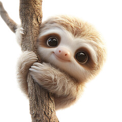 A Fluffy 3D Cartoon Sloth Hanging on a Tree Branch Isolated on Transparent Background