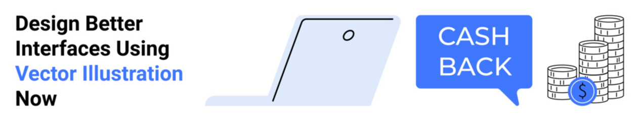 Laptop outline, blue cashback label, stacked coins emphasizing online rewards, digital incentives, payment benefits. Ideal for finance, e-commerce, design, banking savings discounts flat landing