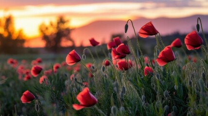 Beautiful natural background with a red poppy flower on a sunset background in a field. Memorial Day, Veterans Day. A photo with a place for the text.