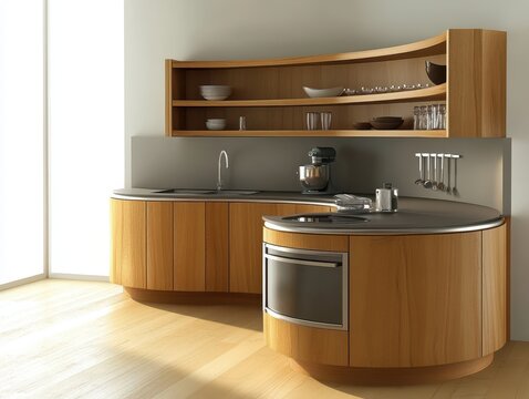 Modern kitchen design with curved cabinets and built in appliances