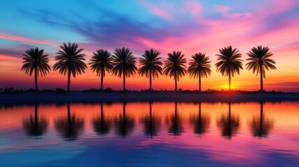 Obraz premium Palm trees silhouetted at sunset reflecting in calm water. Tropical beach vacation travel image