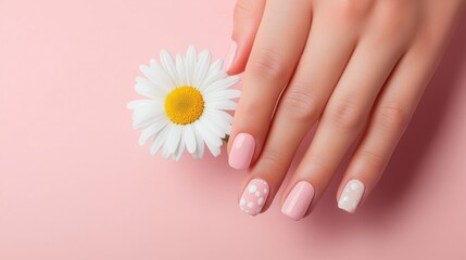 Elegant pale pink manicure with dots complemented by a daisy blossom embodies spring beauty and feminine charm Fresh and stylish design