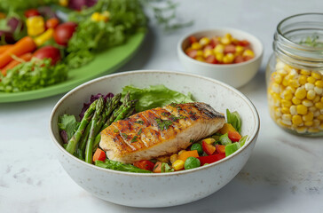 Grilled Swordfish with Asparagus & Bell Pepper Salad &ndash; Served with Green Juice & Grain Crouton Mix