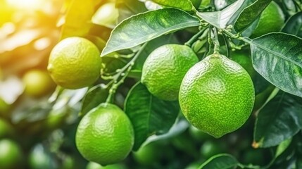 Fresh green limes ripen on a tree branch, with bright sunlit leaves
