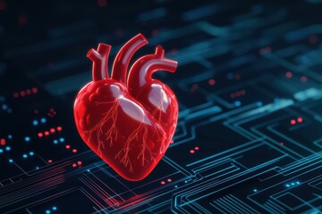 Surreal Glowing Human Heart Floating in Digital Environment with Abstract Technology Background