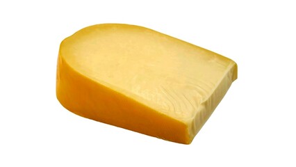 Photo o a piece of semi-hard yellow Gouda cheese made from cow’s milk, isolated on a white background, featuring a smooth texture and a natural wax-coated rind, commonly used in various dishes.
