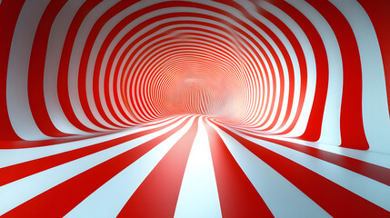 Fototapeta premium Optical Illusion: A swirling tunnel of red and white stripes creates a dizzying effect, leading the viewer into the unknown.