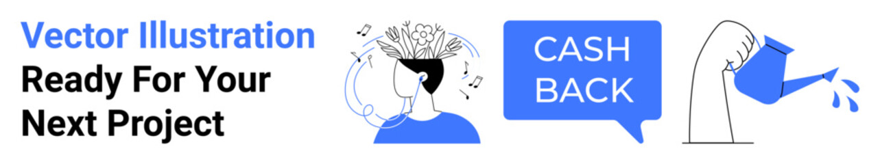 Human head filled with ideas, speech bubble labeled cash back, and watering can pouring. Ideal for creativity, finances, innovation, brainstorming, rewards, investments flat landing page banner