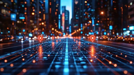 Obraz premium Smart City Navigation: A Futuristic Cityscape at Night
