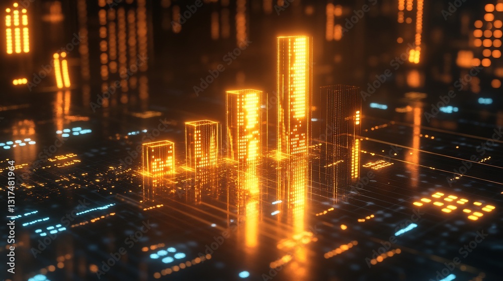 Poster roi graph displayed luminous golden bars rising a reflective surface surrounded by glowing numerical
