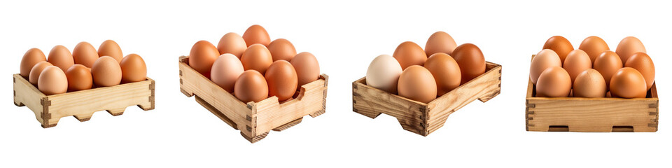 Collection of brown eggs in a wooden box isolated on transparent background