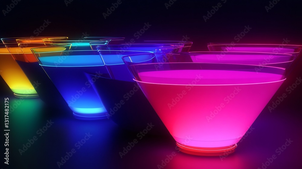 Poster sales funnel represented glowing stages each illuminated distinct vibrant colors