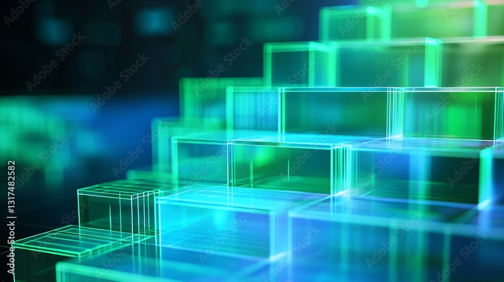 Aufkleber scaling visualized ascending translucent platforms glowing shades of green and blue in an abstract 3