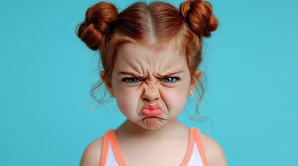 Funny portrait of furious child with red hair and bun hairstyle