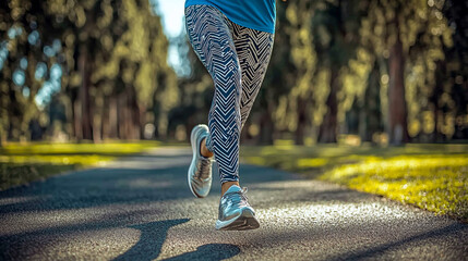 Woman jogger in patterned leggings running on sunlit forest path