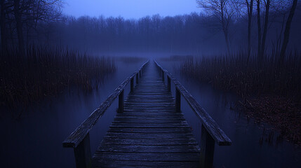 Wooden pier stretches into misty blue lake surrounded by bare trees