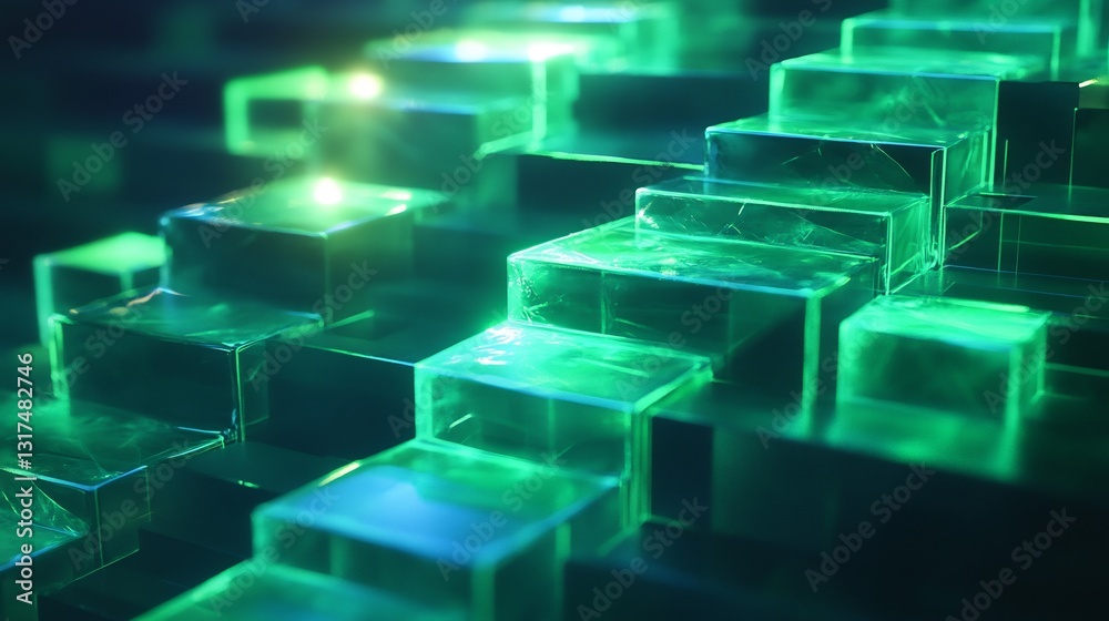 Poster Scaling visualized ascending translucent platforms glowing shades of green and blue in an abstract 3D space