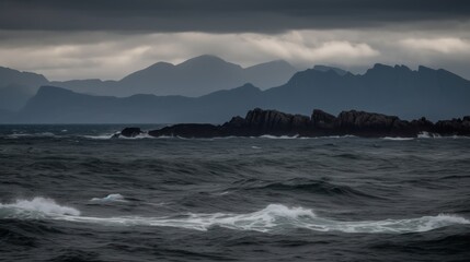 Stormy Seascape: Dramatic Coastal View with Rugged Mountains