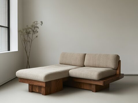A modern corner sofa with wooden frame and neutral upholstery