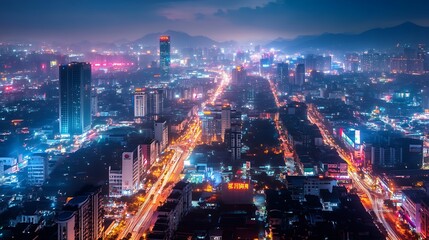 Fototapeta premium A breathtaking metropolitan skyline at night, where glowing lights illuminate towering skyscrapers and a vibrant city below. 