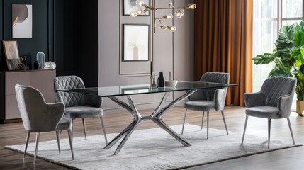 Modern Dining Room with Glass Table and Grey Velvet Chairs